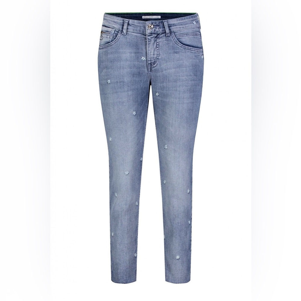 RARE MAC Jeans Germany Denim Slim Flower Fringe Embroidered Cropped Jeans Sz 6